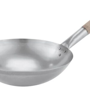 Wok-pann 40,5cm ümara põhjaga, puidust käepidemega